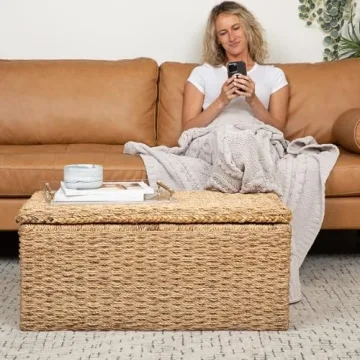 Wholestory Collective Handwoven Wicker 35" Banana Leaf Rattan Storage Trunk and Chest Seagrass XL Organizers with Lid, Natural Color with Handles