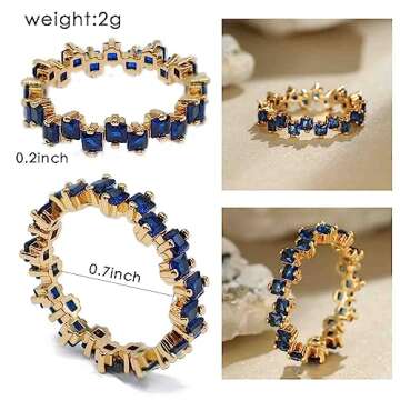 ABJFJE Blue Square Crystal Band Ring Anniversary Eternity Cubic Zirconia Ring Elegant Wedding Cocktail Rings Fashion Luxury Jewelry for Women Gold Silve Plated