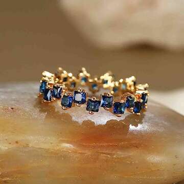 ABJFJE Blue Square Crystal Band Ring Anniversary Eternity Cubic Zirconia Ring Elegant Wedding Cocktail Rings Fashion Luxury Jewelry for Women Gold Silve Plated