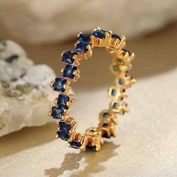 ABJFJE Blue Square Crystal Band Ring Anniversary Eternity Cubic Zirconia Ring Elegant Wedding Cocktail Rings Fashion Luxury Jewelry for Women Gold Silve Plated