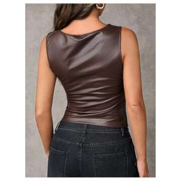 Milumia Women's Faux Leather Tank Top Shirt Ruched Fitted Going Out Tops Brown
