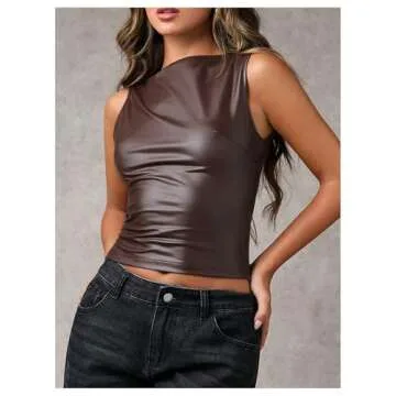 Milumia Women's Faux Leather Tank Top Shirt Ruched Fitted Going Out Tops Brown