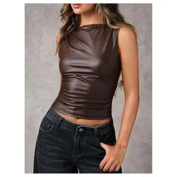 Milumia Women's Faux Leather Tank Top Shirt Ruched Fitted Going Out Tops Brown