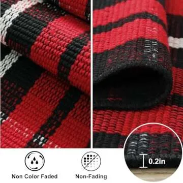 LEEVAN Buffalo Plaid Front Door Mat 24"x 51" Cotton Checkered Porch Rug Outdoor Washable Woven Welcome Doormat for Layered Kitchen Farmhouse Bathroom Entryway Throw Carpet, Black and Red