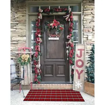 LEEVAN Buffalo Plaid Front Door Mat 24"x 51" Cotton Checkered Porch Rug Outdoor Washable Woven Welcome Doormat for Layered Kitchen Farmhouse Bathroom Entryway Throw Carpet, Black and Red