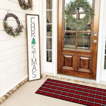LEEVAN Buffalo Plaid Front Door Mat 24"x 51" Cotton Checkered Porch Rug Outdoor Washable Woven Welcome Doormat for Layered Kitchen Farmhouse Bathroom Entryway Throw Carpet, Black and Red