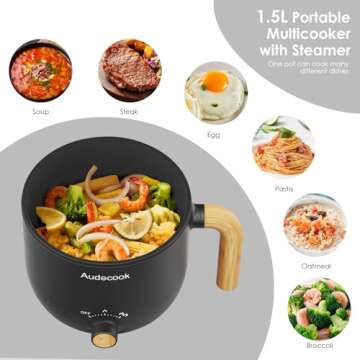 Audecook Hot Pot Electric with Steamer - 1.5L Portable Mini Cooker for Quick Meals