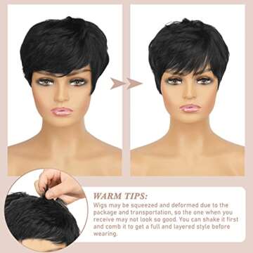 RUWISS Pixie Cut Wig Human Hair Wigs Human Hair Wig with Bangs Natural Short Black Wig Layered Wavy ...