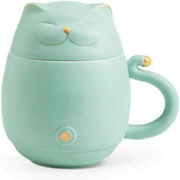 Cute Cat Tea Cup with Infuser - Mint Green