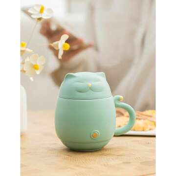 Cute Cat Tea Cup with Infuser - Mint Green