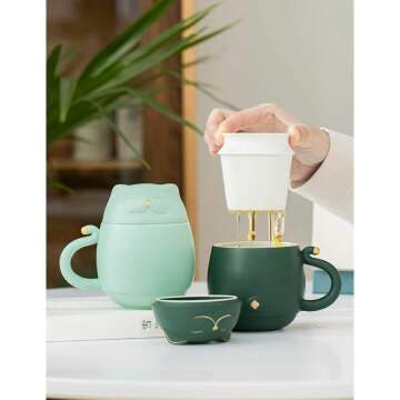Cute Cat Tea Cup with Infuser - Mint Green