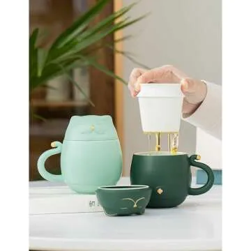 Cute Cat Tea Cup with Infuser - Mint Green