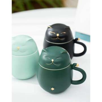 Cute Cat Tea Cup with Infuser - Mint Green