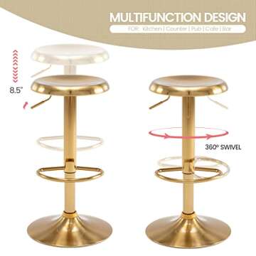 Brage Living Adjustable Bar Stools Set of 2, Swivel Round Metal Airlift Barstools, Backless Counter Height Bar Chairs for Kitchen Dining Room Pub Cafe (Gold)