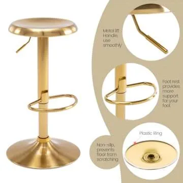 Brage Living Adjustable Bar Stools Set of 2, Swivel Round Metal Airlift Barstools, Backless Counter Height Bar Chairs for Kitchen Dining Room Pub Cafe (Gold)