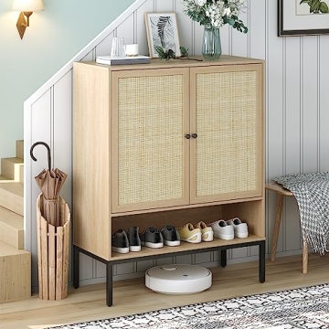 Brafab Shoe Storage Cabinet with Adjustable Shelf, 5 Tier Shoe Organizer with Natural Woven Rattan D...