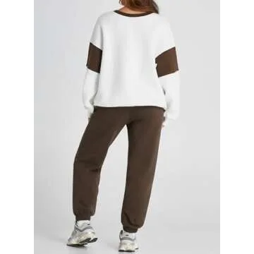 Herseas Womens Two Piece Brown Airport Outfits Casual Plush Sweatsuits Color Block Tracksuit Fall Lo...