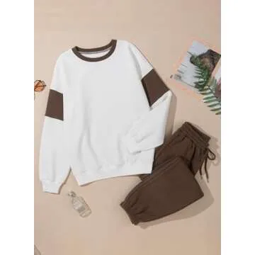Herseas Womens Two Piece Brown Airport Outfits Casual Plush Sweatsuits Color Block Tracksuit Fall Lounge Set Oversized Jogging Suits Small