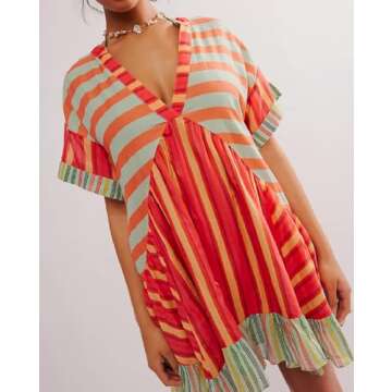 Women Bohemian Floral Mini Dress Boho Puff Sleeve Flowy Sundress V Neck Ruffle Short Dress Summer Be...