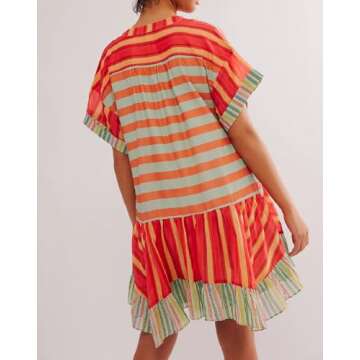 Women Bohemian Floral Mini Dress Boho Puff Sleeve Flowy Sundress V Neck Ruffle Short Dress Summer Beach Dress