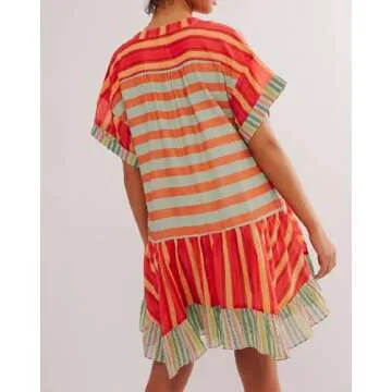 Women Bohemian Floral Mini Dress Boho Puff Sleeve Flowy Sundress V Neck Ruffle Short Dress Summer Beach Dress