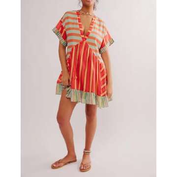 Women Bohemian Floral Mini Dress Boho Puff Sleeve Flowy Sundress V Neck Ruffle Short Dress Summer Beach Dress