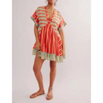 Women Bohemian Floral Mini Dress Boho Puff Sleeve Flowy Sundress V Neck Ruffle Short Dress Summer Beach Dress