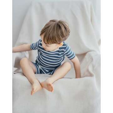 AVAUMA Baby Boys Girls Pajama Set 6M-10Y Kids Cute Toddler Snug fit Pjs Cotton Stripe Short Sleeve Sleepwear (Dark blue/Iv 6-12 Months)