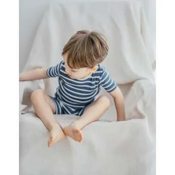 AVAUMA Baby Boys Girls Pajama Set 6M-10Y Kids Cute Toddler Snug fit Pjs Cotton Stripe Short Sleeve Sleepwear (Dark blue/Iv 6-12 Months)