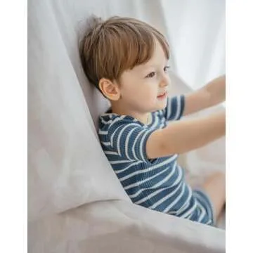 AVAUMA Baby Boys Girls Pajama Set 6M-10Y Kids Cute Toddler Snug fit Pjs Cotton Stripe Short Sleeve Sleepwear (Dark blue/Iv 6-12 Months)