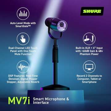 Shure MV7i Smart Microphone with Built-in Audio Interface - Podcast & Musician Mic with 2 Channels, XLR and 1/4", USB-C for Mac/PC/Phone, Advanced DSP Features, All-Metal Design, Auto Level Mode