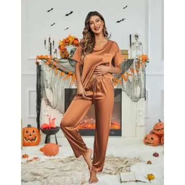 Ekouaer Womens Silk Satin Pajamas Set Two Piece Pj Sets Sleepwear Loungewear Short Sleeve Pj Sets