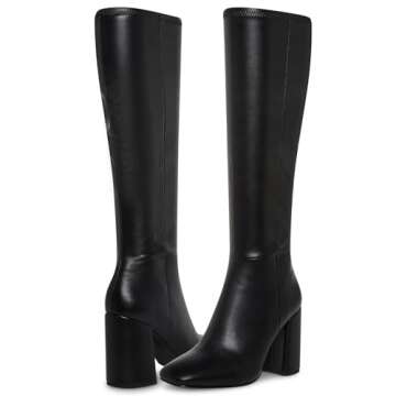 SOVANYOU Black Knee High Boots Leather Tall Black Boots for Women Chunky Heeled Tall Boots Square Toe Long Boots Go-Go Boot