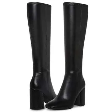 SOVANYOU Black Knee High Boots Leather Tall Black Boots for Women Chunky Heeled Tall Boots Square Toe Long Boots Go-Go Boot