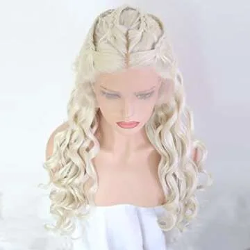 RONGDUOYI 26" Cosplay Braiding Hair Style Wig Blonde Body Wave Synthetic Lace Front Wig with Six Plaits Pre Plucked Glueless Halloween Cosplay Party Wigs
