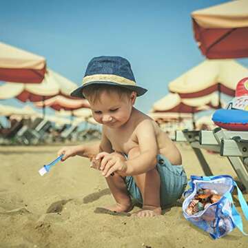DASDSA Beach Toys for Kids 3-8-10-12, Beach Shell Collecting Bag, Shells Filter Beach Shovel and Shells Cleaning Brush, Travel Beach Toys