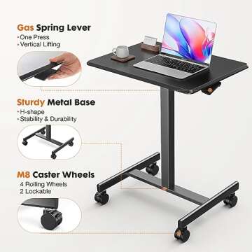 Sweetcrispy Mobile Small Stading Desk - Sit Stand Desk, Portable Rolling Laptop Desk with Lockable Wheels, Computer Workstations, Adjustable Height, Black