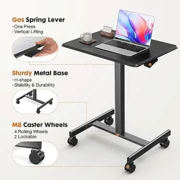 Sweetcrispy Mobile Small Stading Desk - Sit Stand Desk, Portable Rolling Laptop Desk with Lockable Wheels, Computer Workstations, Adjustable Height, Black