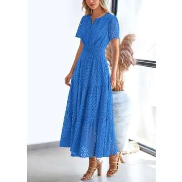 PRETTYGARDEN Womens 2025 Summer Maxi Dress Short Sleeve V Neck Hollow Out Eyelet A Line Long Flowy Beach Vacation Dresses (Blue,Medium)