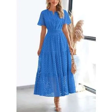 PRETTYGARDEN Womens 2025 Summer Maxi Dress Short Sleeve V Neck Hollow Out Eyelet A Line Long Flowy Beach Vacation Dresses (Blue,Medium)