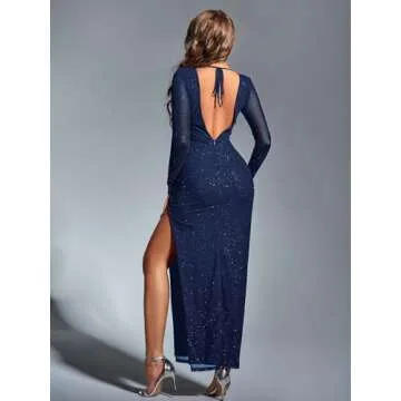 Colysmo Sparkly Sequin Bodycon Maxi Dress Long Sleeve Sexy Side Split Wedding Guest Formal Elegant D...