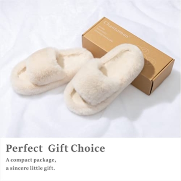 Chantomoo Women's Slippers Memory Foam House Bedroom Slippers for Women Fuzzy Plush Comfy Faux Fur Lined Slide Shoes Anti-Skid Sole Trendy Gift Slippers Beige 5 6