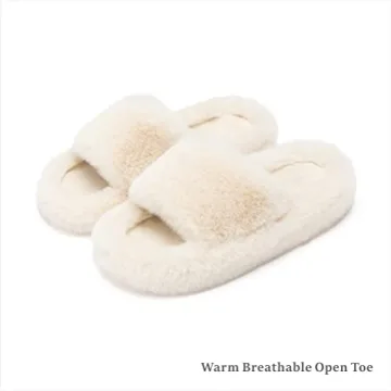 Chantomoo Women's Slippers Memory Foam House Bedroom Slippers for Women Fuzzy Plush Comfy Faux Fur Lined Slide Shoes Anti-Skid Sole Trendy Gift Slippers Beige 5 6