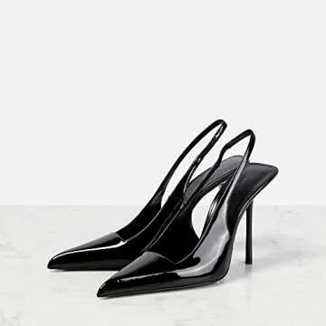THESHY Women's Pointed Toe High Stiletto Heels Slingback Stretch Slip-on Pumps Backless Patent Leather Fashion Dress Shoes for Women Black
