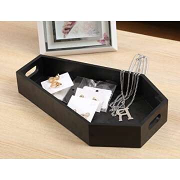 Wood Coffin Tray -Spooky Gothic Home Decor-Black Wooden Coffin Shaped Craft Serving Box-Halloween Creepy Goth Decorative Candle Holder for Bathroom Kitchen Organizer Party Platter