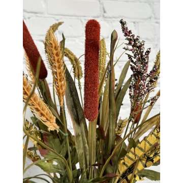Admired By Nature 14 Stems Artificial Flowers Cattail Wheat Fall Mixed Bush Decorative Flower Arrangements Floral Cattails Plant Artificial for Wedding Home Office Cemetery Flowers for Grave, 1. Rust