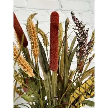 Admired By Nature 14 Stems Artificial Flowers Cattail Wheat Fall Mixed Bush Decorative Flower Arrangements Floral Cattails Plant Artificial for Wedding Home Office Cemetery Flowers for Grave, 1. Rust