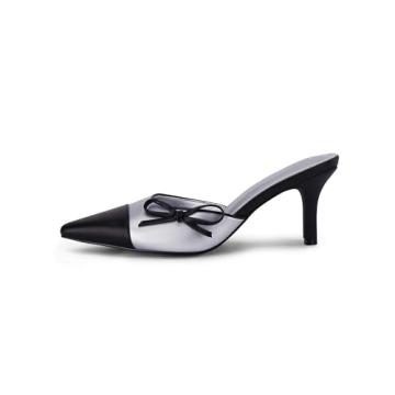 Coutgo Women's Bow Tie Mules Heels - Elegant Two-Tone Wedding Pumps