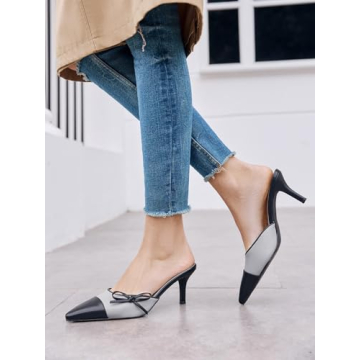 Coutgo Women's Bow Tie Mules Heels Elegant Two-Tone Pumps