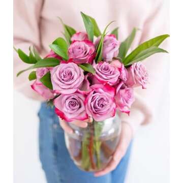 From You Flowers - One Dozen Purple Roses with Glass Vase (Fresh Flower Bouquets) Birthday, Anniversary, Get Well, Congratulations, Thank You, All Occasions